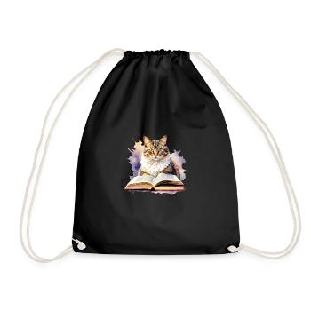 Cat with book - Drawstring Bag - black - Front