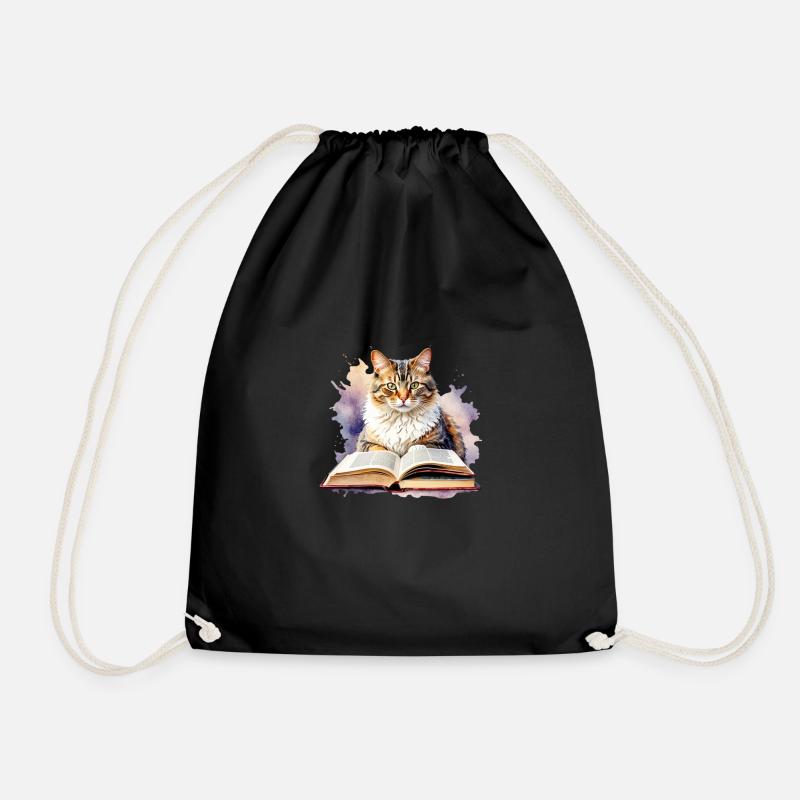 Katze mit Buch - Turnbeutel - Schwarz
