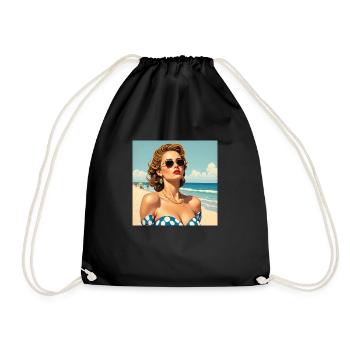 the model on the beach - Drawstring Bag - black - Front