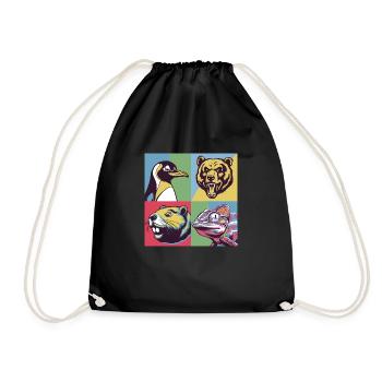 Pop Art Penguin Bear Beaver Chameleon Colorful Animals - Drawstring Bag - black - Front