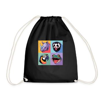 Pop Art Rhinoceros, Parrot, Frog, Possum, Colorful - Drawstring Bag - black - Front