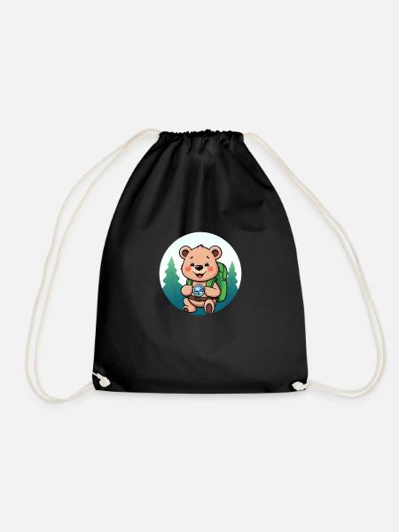 Cozy Bear Exploring Forest Path - Drawstring Bag - black