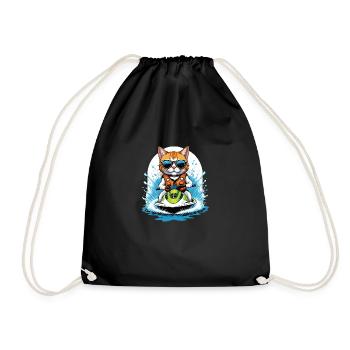 Cat Jet Ski Cat Funny Funny Gift - Drawstring Bag - black - Front