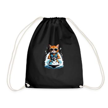 Cat Jet Ski Cat Funny Funny Gift - Drawstring Bag - black - Front
