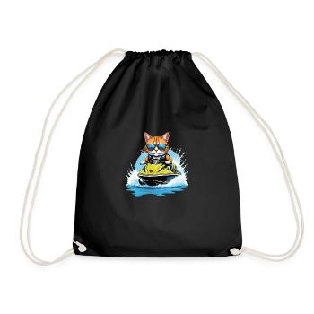 Cat Jet Ski Cat Funny Funny Gift - Drawstring Bag - black - Front