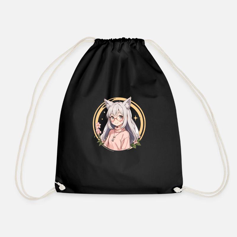 Fox Girl: Enchanted Charm in Anime Style - Drawstring Bag - black