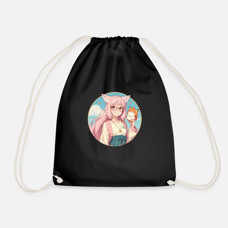Fox Girl: Charme im Anime-Stil mit einem Fuchs - Turnbeutel - Schwarz