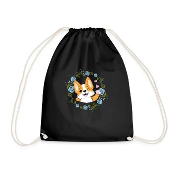 Waving happy Corgi dog in floral wreath - Drawstring Bag - black - Front