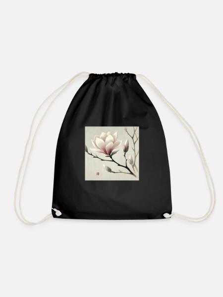 Japanese style magnolia flower - Drawstring Bag - black