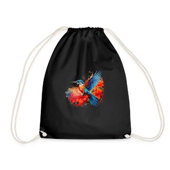 Kingfisher, hummingbird, hibiscus, flowers, colorful - Drawstring Bag - black - Front