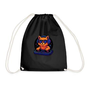 Neon DJ Cat with Headphones and Turntable - Drawstring Bag - black - Front