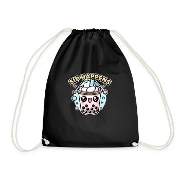 Kawaii Chibi Bubble Tea – Sip Happens Fun Food Pun - Drawstring Bag - black - Front