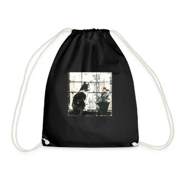 Graffiti Cat Flowerpot Window Street Art bw - Drawstring Bag - black - Front