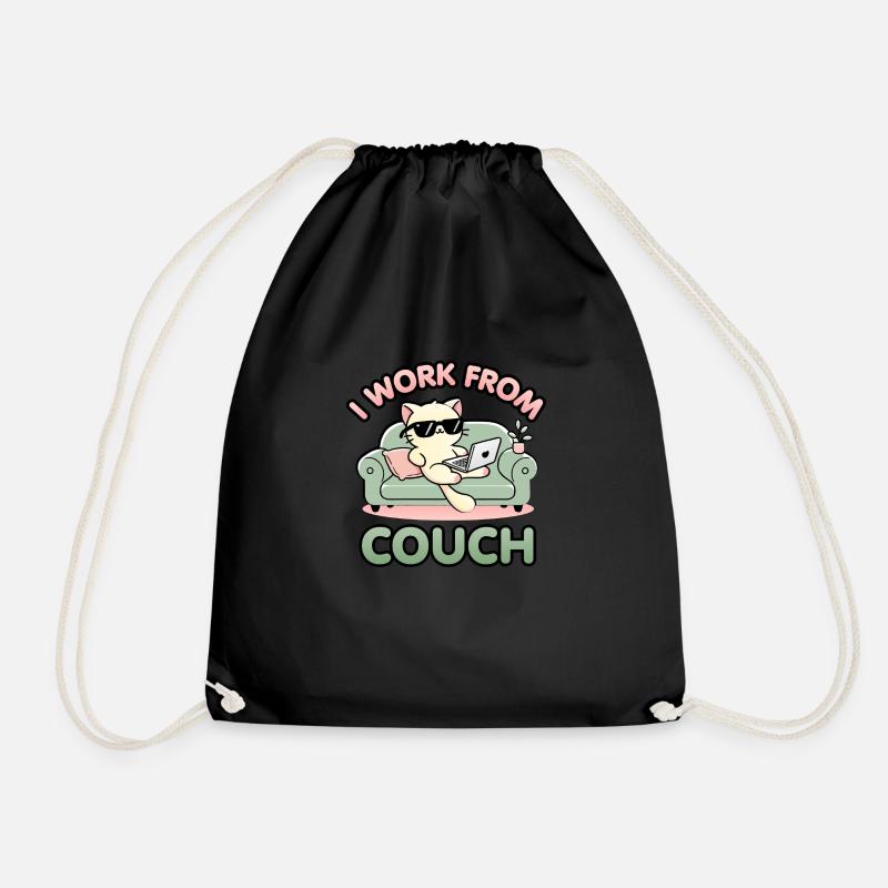 I Work From Couch – Lazy Cat Remote Worker Design - Drawstring Bag - black
