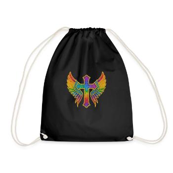 Cross with wings | Glitter Gold Sequins - Drawstring Bag - black - Front