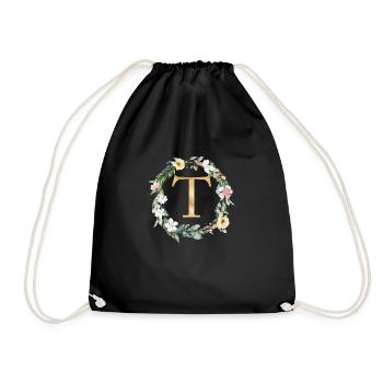 Customizable Monogram Watercolour Floral T - Drawstring Bag - black - Front