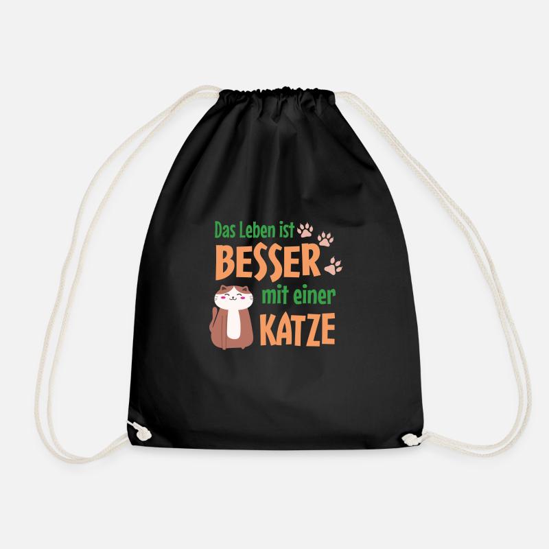 Life is better with a cat - Drawstring Bag - black