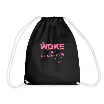 Selbstironie: WOKE & linksversifft - Turnbeutel - Schwarz - Vorne