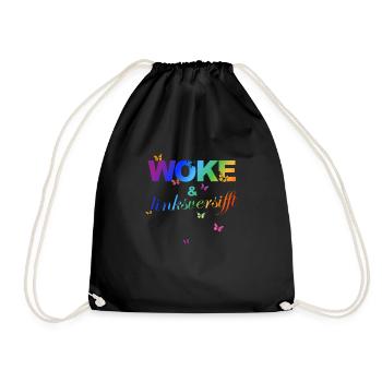 Selbstironie: WOKE & linksversifft - Turnbeutel - Schwarz - Vorne