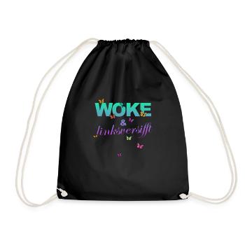 Selbstironie: WOKE & linksversifft - Turnbeutel - Schwarz - Vorne