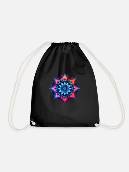 Mandala colorful flower neon - Drawstring Bag - black