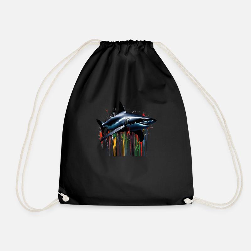 Colorful Shark Paint Art - Drawstring Bag - black