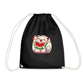 Cat with Watermelon, Kawaii Love Cats - Drawstring Bag - black - Front