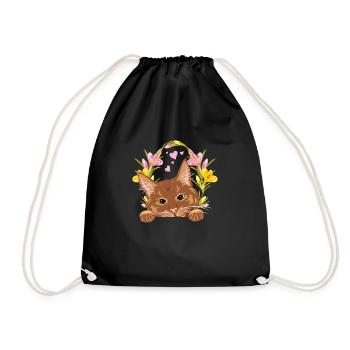 Peeking cute ginger cat with wreath of flowers - Drawstring Bag - black - Front