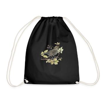 Blackbird on branch Loving watercolor drawing - Drawstring Bag - black - Front