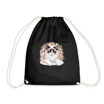 Ragdoll Katze mit Blumen - Aquarell - Turnbeutel - Schwarz - Vorne