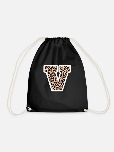 Buchstabe V Leopardenmuster - Geschenkidee zum Geburtstag - Turnbeutel - Schwarz
