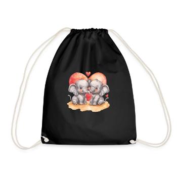 Two Cartoon Elephants In Love With Heart - Drawstring Bag - black - Front