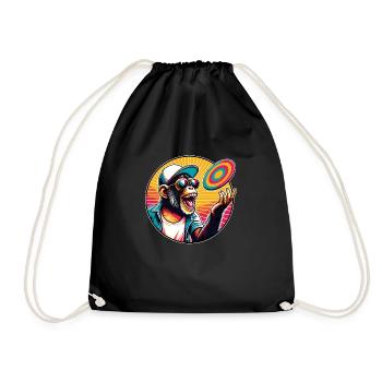 Chimpanzee with sunglasses, baseball cap and frisbee - Drawstring Bag - black - Front