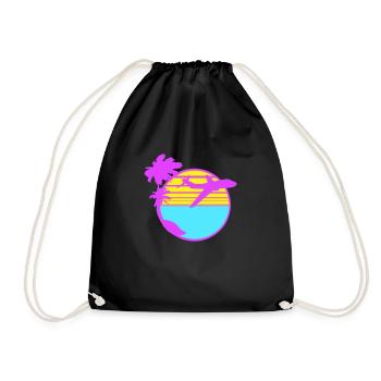 Airplane Palm Trees Flying Beach Strip Sea Travel - Drawstring Bag - black - Front