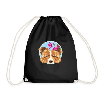 Peeking happy Border Collie dog with pink flowers - Drawstring Bag - black - Front
