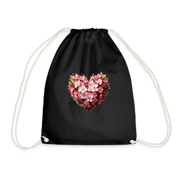 Flowers, pink, heart, sakura, cherry blossom, flower heart - Drawstring Bag - black - Front