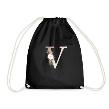 Personalisierbar Monogramm V Floral - Turnbeutel - Schwarz - Vorne