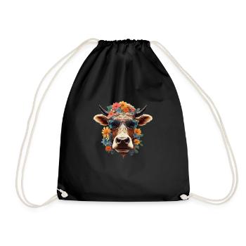Cool cow with sunglasses & flowers farmer farmer - Drawstring Bag - black - Front