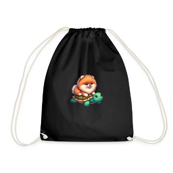 Pomeranian on Turtle Ride - Drawstring Bag - black - Front