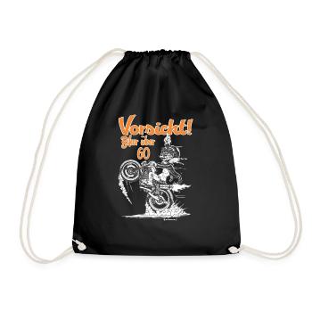 Bikerdesign Biker über 60 Vorsicht - RAHMENLOS® - Turnbeutel - Schwarz - Vorne