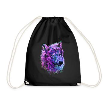 Neon Wolfskopf pink/lila/blau in Seitenansicht - Turnbeutel - Schwarz - Vorne