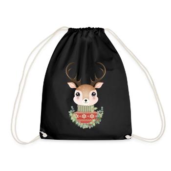 niedlicher Hirsch mit Pullover und Weihnachtskranz - Turnbeutel - Schwarz - Vorne