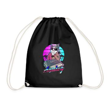 Synthesizer Vaporwave Cat Modular Analog - Drawstring Bag - black - Front