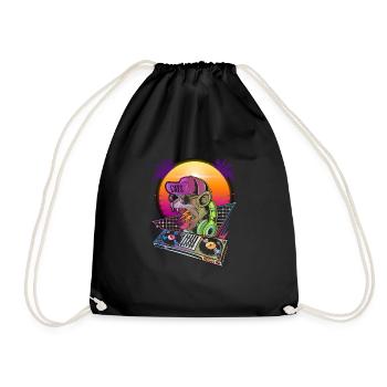Disco Cat DJ Vaporwave 80s 90s Techno Music - Drawstring Bag - black - Front