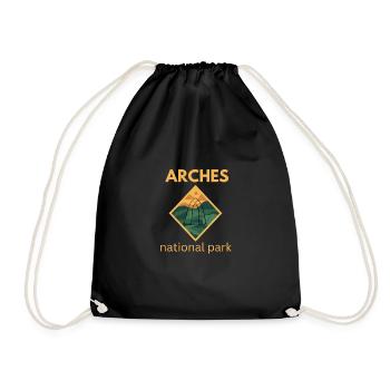 Arches national park Utah with yellow text - Drawstring Bag - black - Front