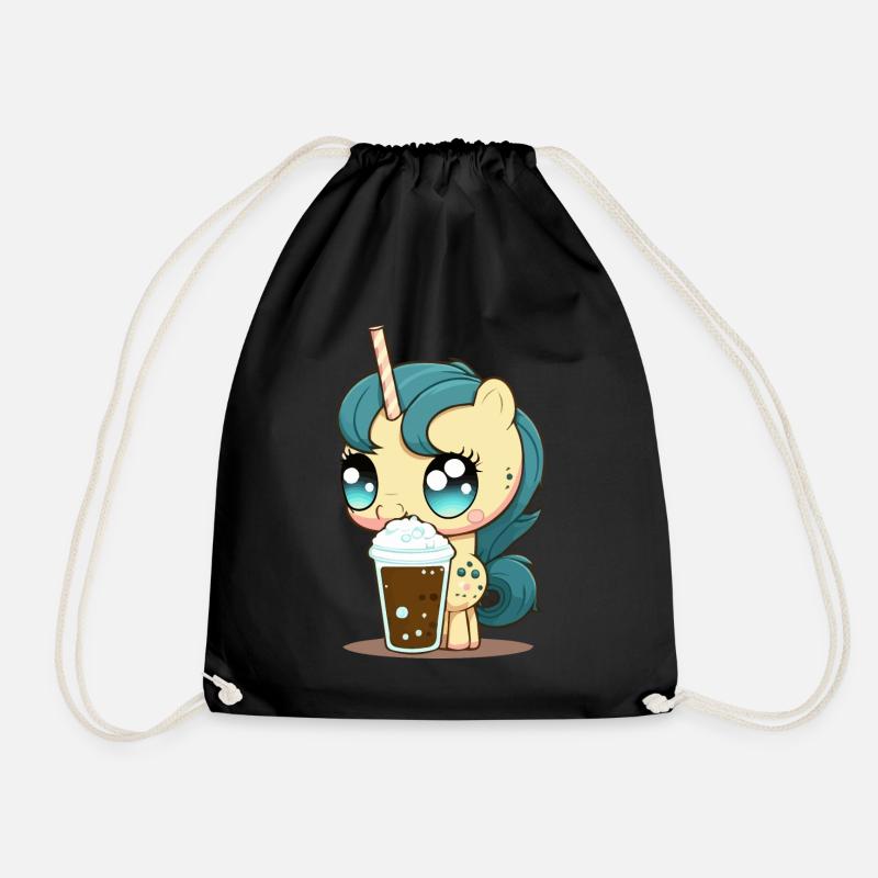 Unicorn drinks bubble tea kawaii anime - Drawstring Bag - black