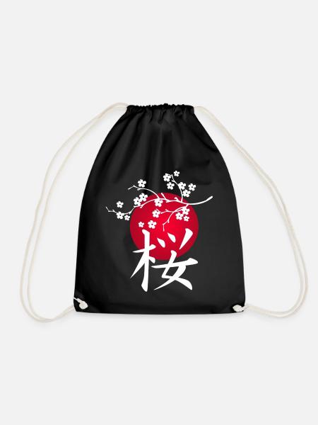 White Japanese cherry and red sun - Drawstring Bag - black