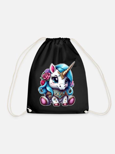 Niedliches Einhorn mit Blumen - Turnbeutel - Schwarz