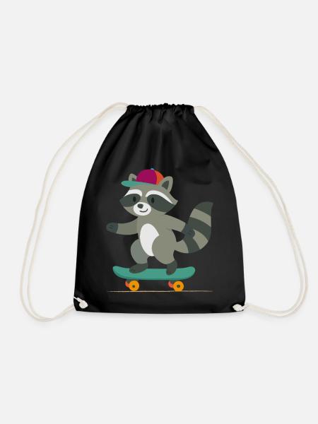 Skateboard raccoon with baseball cap - Drawstring Bag - black