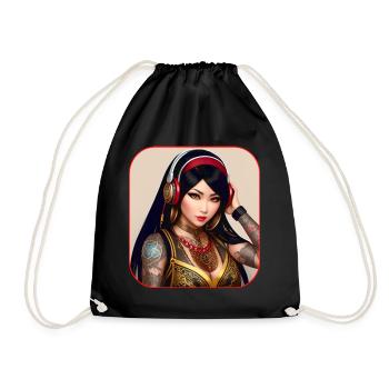 Asian beauty with tattoos and headphones - Drawstring Bag - black - Front